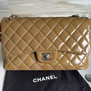 Chanel classic timeless patent leather double flap bag beige